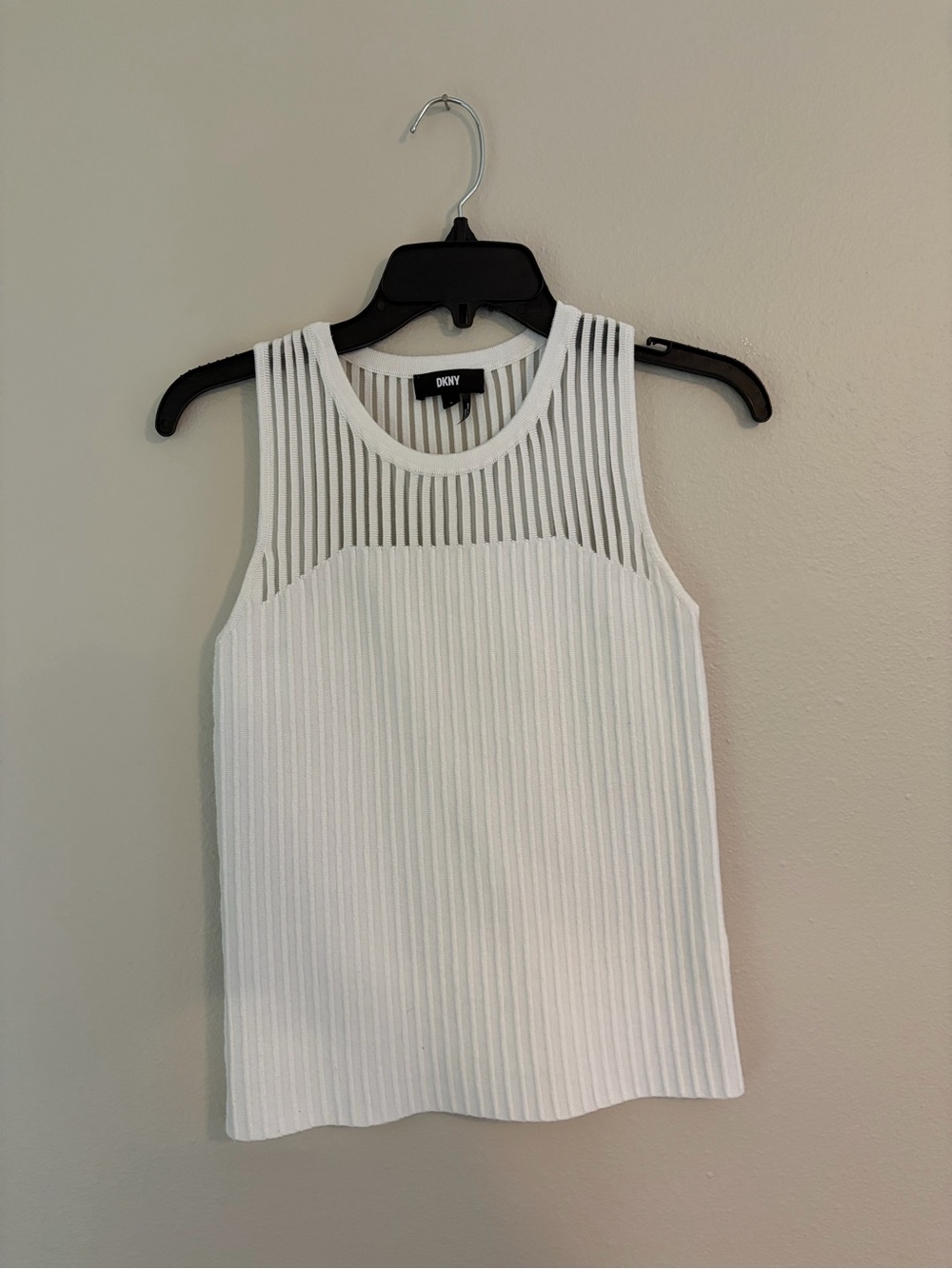 DKNY White Ribbed Tank with Sheer Stripe Yoke